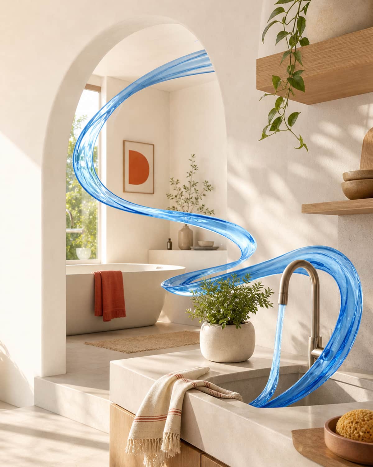 Editorial illustration of a bright home interior with a flowing blue ribbon of water