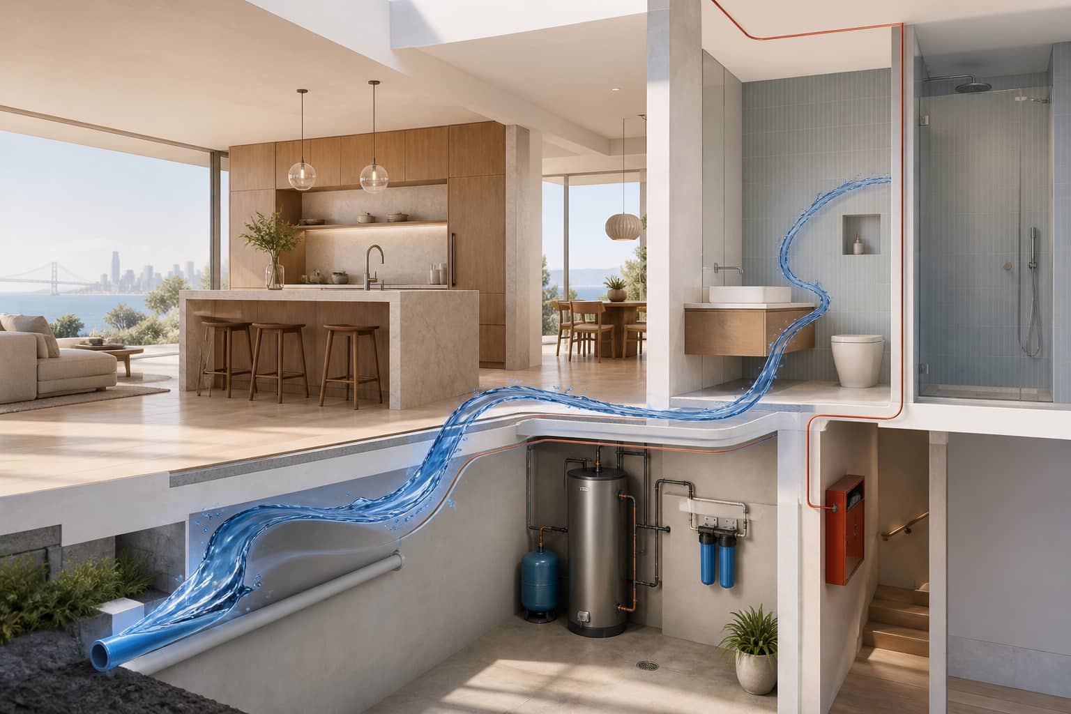Editorial cutaway illustration of water and fire-safety systems in a contemporary home