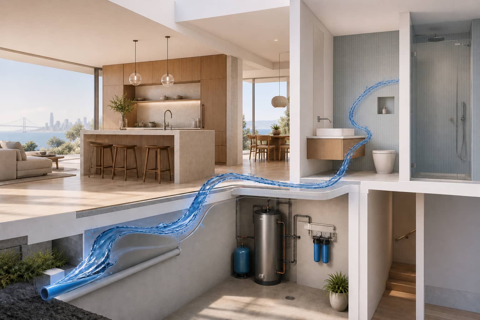 Editorial cutaway illustration of residential plumbing systems in a contemporary home